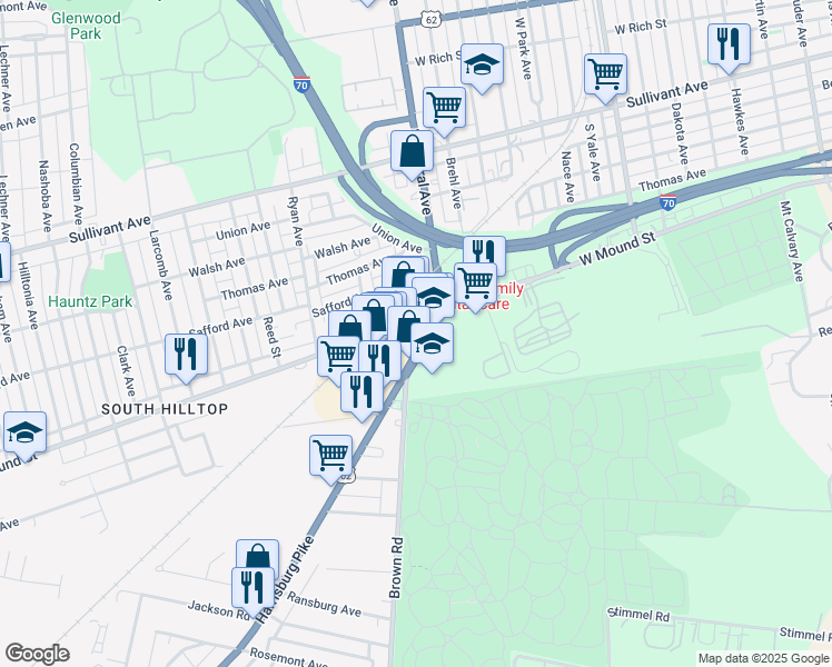 map of restaurants, bars, coffee shops, grocery stores, and more near 619 Harrisburg Pike in Columbus
