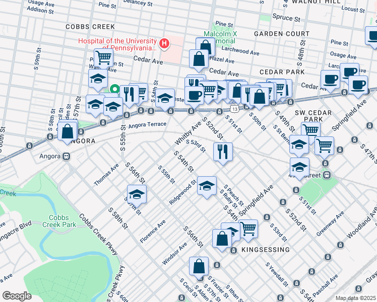 map of restaurants, bars, coffee shops, grocery stores, and more near 5329 Hadfield Street in Philadelphia