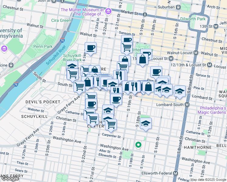 map of restaurants, bars, coffee shops, grocery stores, and more near 2198 Spring Street in Philadelphia
