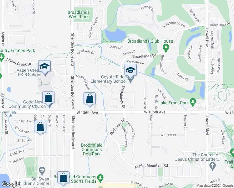 map of restaurants, bars, coffee shops, grocery stores, and more near 4654 Capitol Court in Broomfield