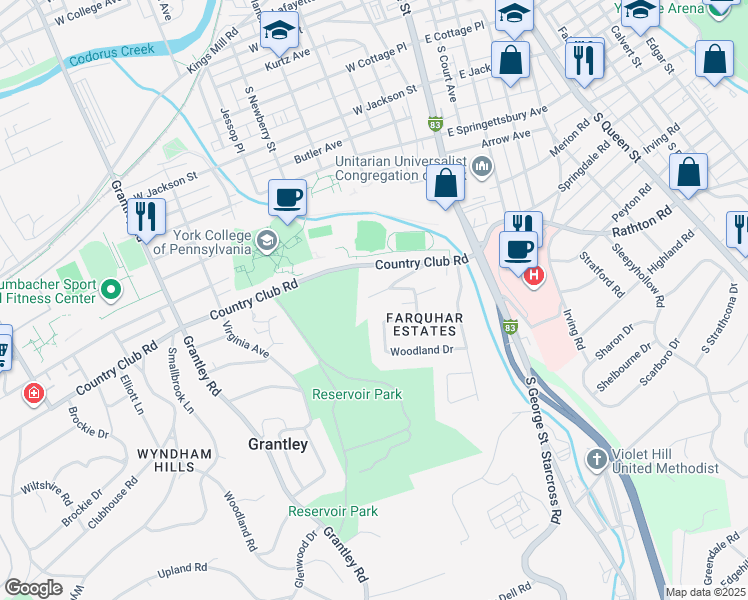 map of restaurants, bars, coffee shops, grocery stores, and more near 1101 Farquhar Drive in York