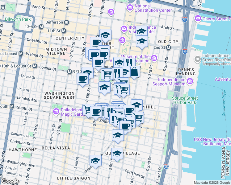 map of restaurants, bars, coffee shops, grocery stores, and more near 311-13 South 6th Street in Philadelphia