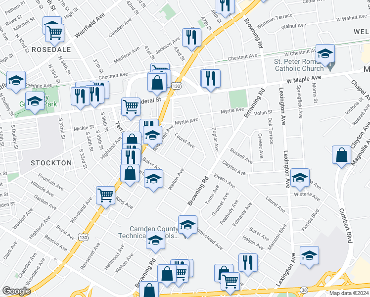 map of restaurants, bars, coffee shops, grocery stores, and more near 5314 Sherwood Terrace in Pennsauken Township