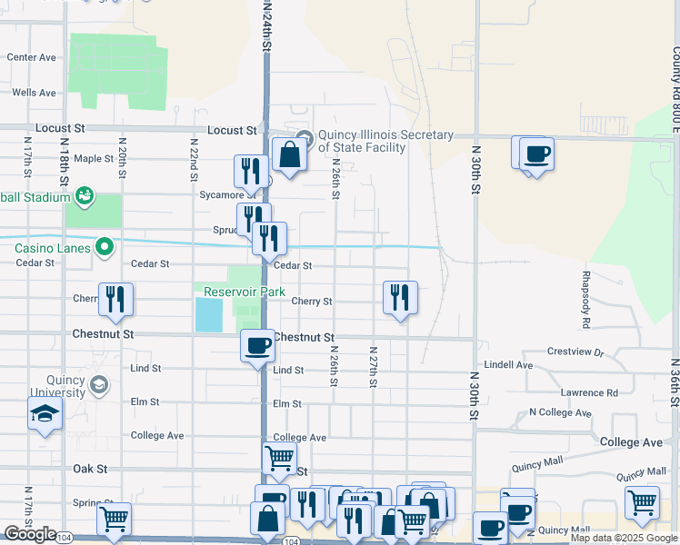 map of restaurants, bars, coffee shops, grocery stores, and more near 1124 North 26th Street in Quincy