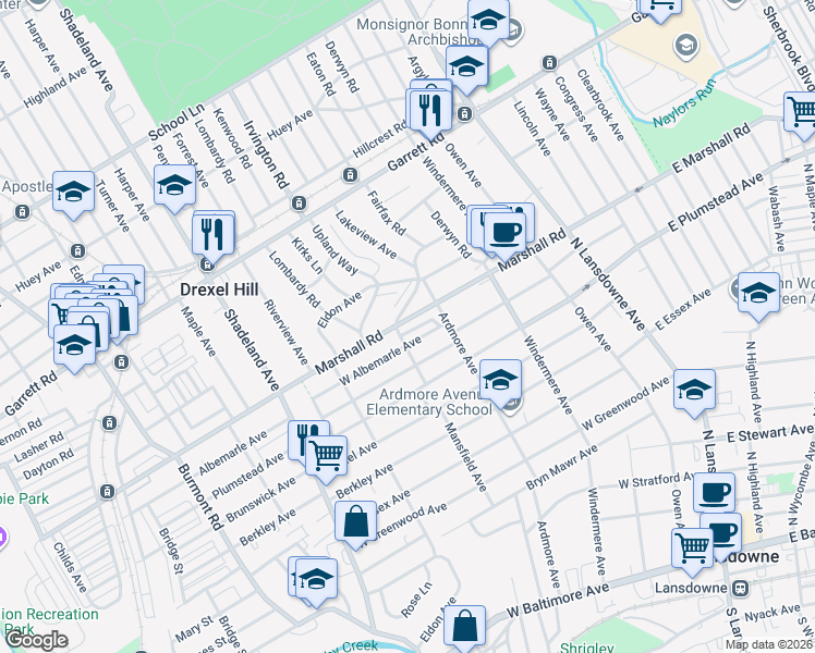 map of restaurants, bars, coffee shops, grocery stores, and more near 122 Marshall Road in Lansdowne