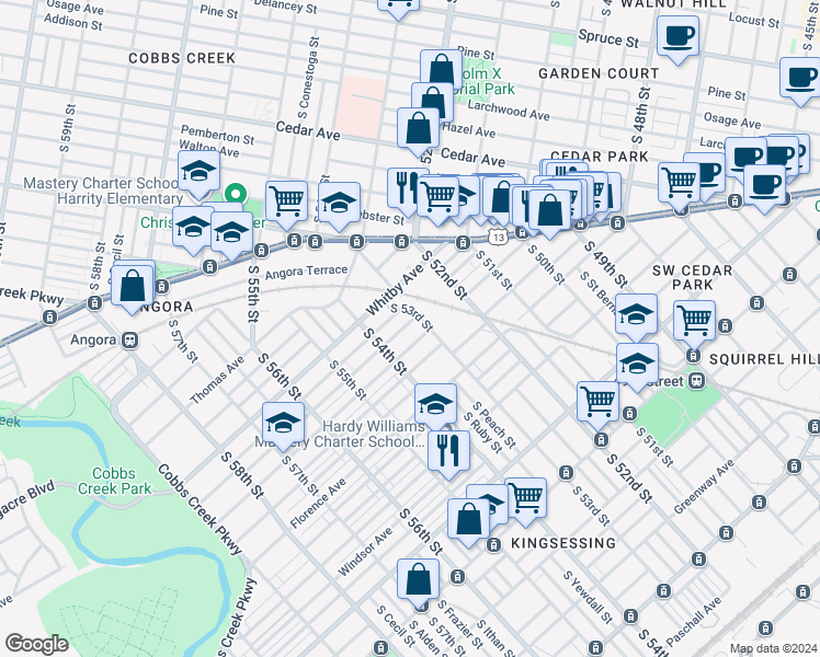 map of restaurants, bars, coffee shops, grocery stores, and more near 5314 Hadfield Street in Philadelphia