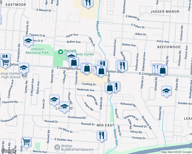 map of restaurants, bars, coffee shops, grocery stores, and more near 3631 East Livingston Avenue in Columbus