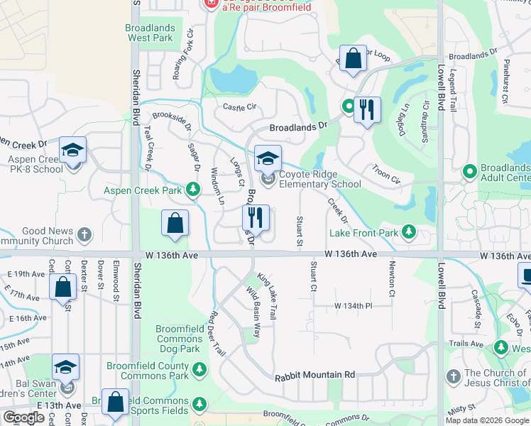 map of restaurants, bars, coffee shops, grocery stores, and more near 4580 Maroon Circle in Broomfield