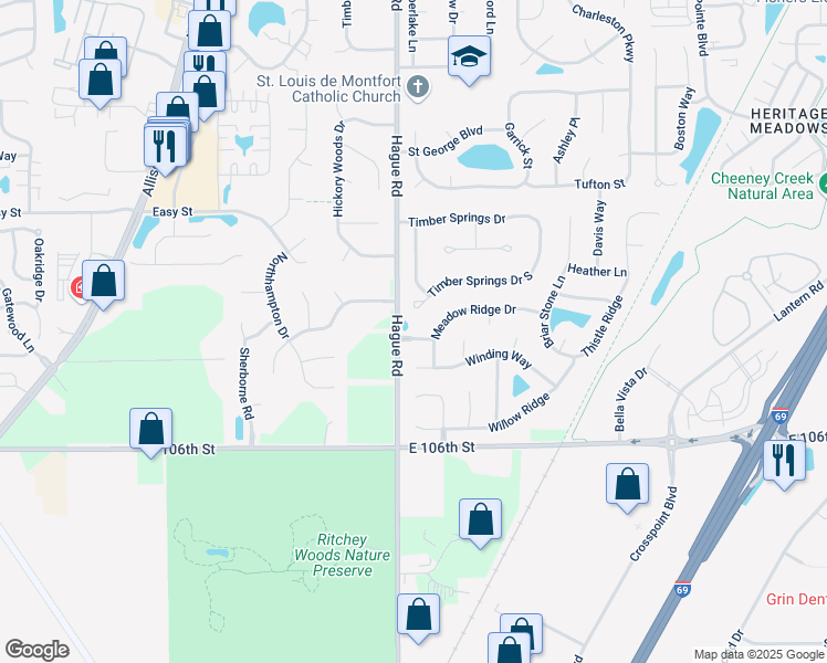 map of restaurants, bars, coffee shops, grocery stores, and more near 7536 Meadow Ridge Drive in Fishers