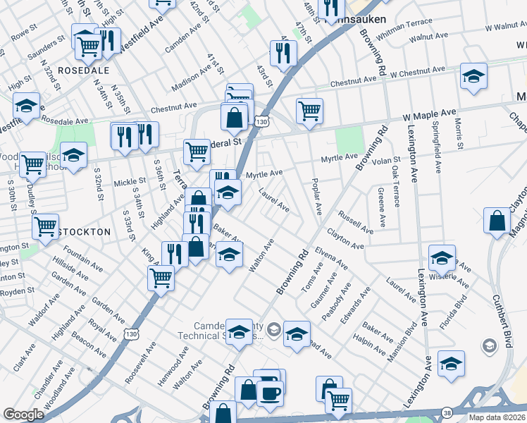 map of restaurants, bars, coffee shops, grocery stores, and more near 5327 Sherwood Terrace in Pennsauken Township