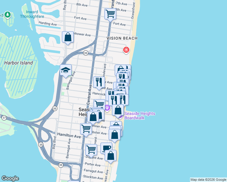 map of restaurants, bars, coffee shops, grocery stores, and more near 35 Fremont Avenue in Seaside Heights