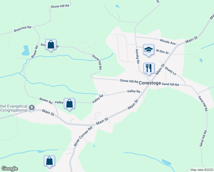 map of restaurants, bars, coffee shops, grocery stores, and more near 196 Stone Hill Road in Conestoga