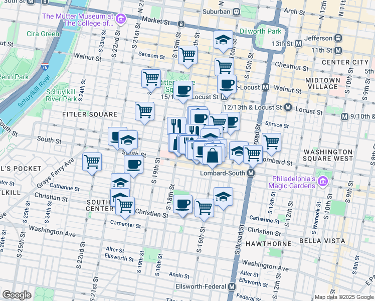map of restaurants, bars, coffee shops, grocery stores, and more near 1720 Lombard Street in Philadelphia
