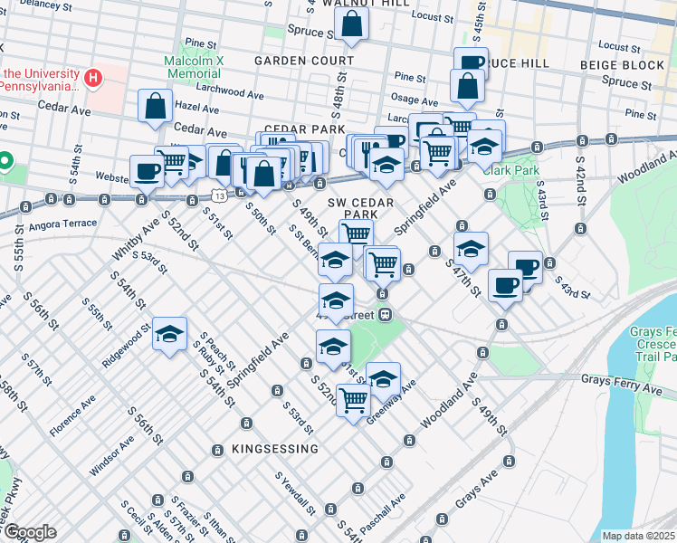map of restaurants, bars, coffee shops, grocery stores, and more near 933 South Saint Bernard Street in Philadelphia