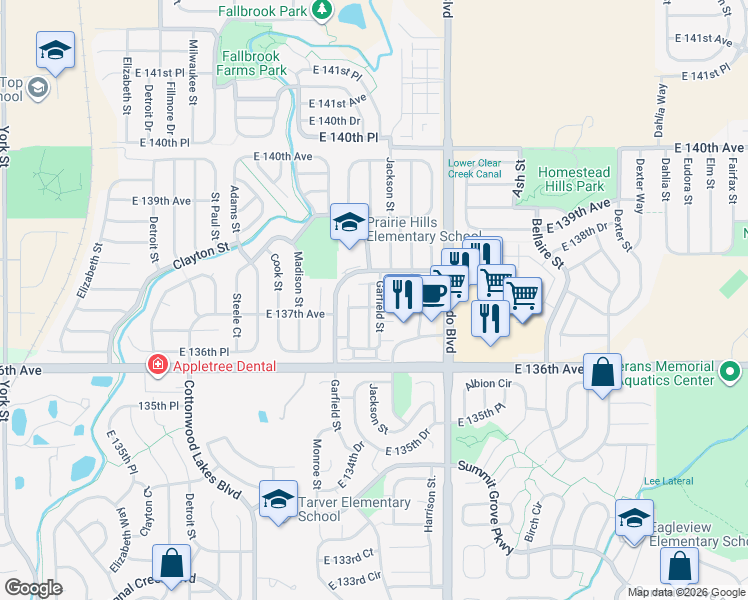 map of restaurants, bars, coffee shops, grocery stores, and more near 13648 Garfield Street in Thornton