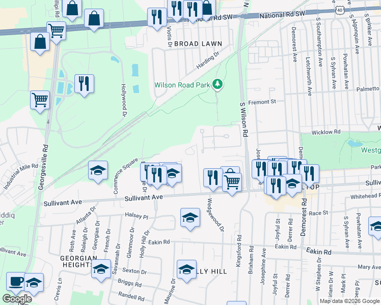 map of restaurants, bars, coffee shops, grocery stores, and more near 3732 Sullivant Avenue in Columbus