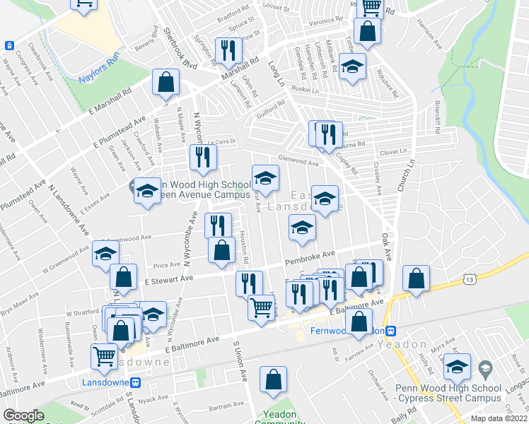 map of restaurants, bars, coffee shops, grocery stores, and more near 171 Hirst Avenue in Lansdowne