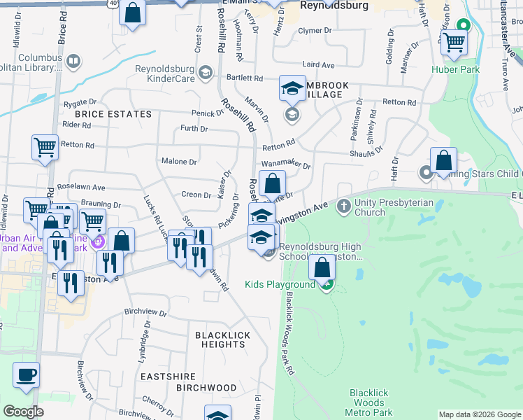 map of restaurants, bars, coffee shops, grocery stores, and more near 6691 Gilette Drive in Reynoldsburg
