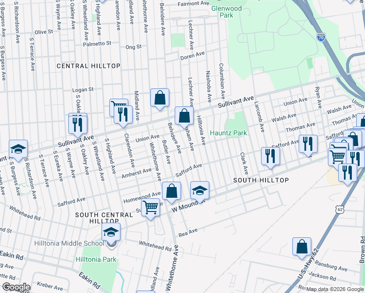map of restaurants, bars, coffee shops, grocery stores, and more near 522 Belvidere Avenue in Columbus