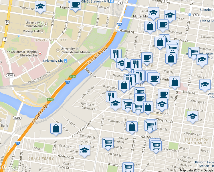 map of restaurants, bars, coffee shops, grocery stores, and more near 2621 Bainbridge Street in Philadelphia