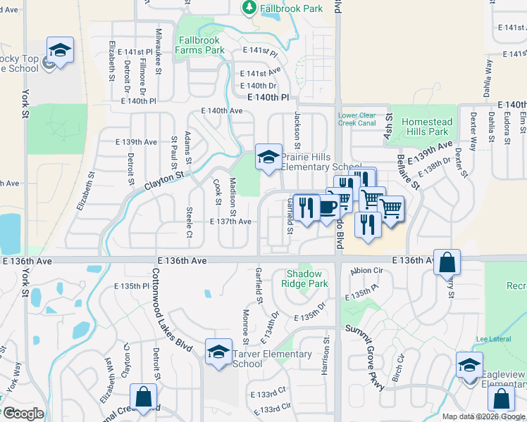 map of restaurants, bars, coffee shops, grocery stores, and more near 13640 Garfield Street in Thornton