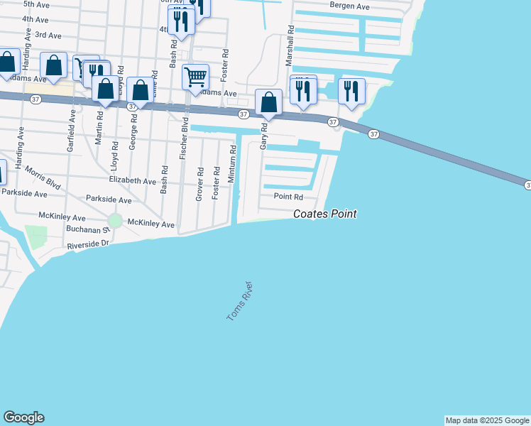 map of restaurants, bars, coffee shops, grocery stores, and more near 35 Bay Shore Drive in Toms River