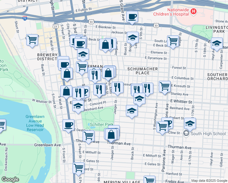 map of restaurants, bars, coffee shops, grocery stores, and more near 247 Lansing Street in Columbus