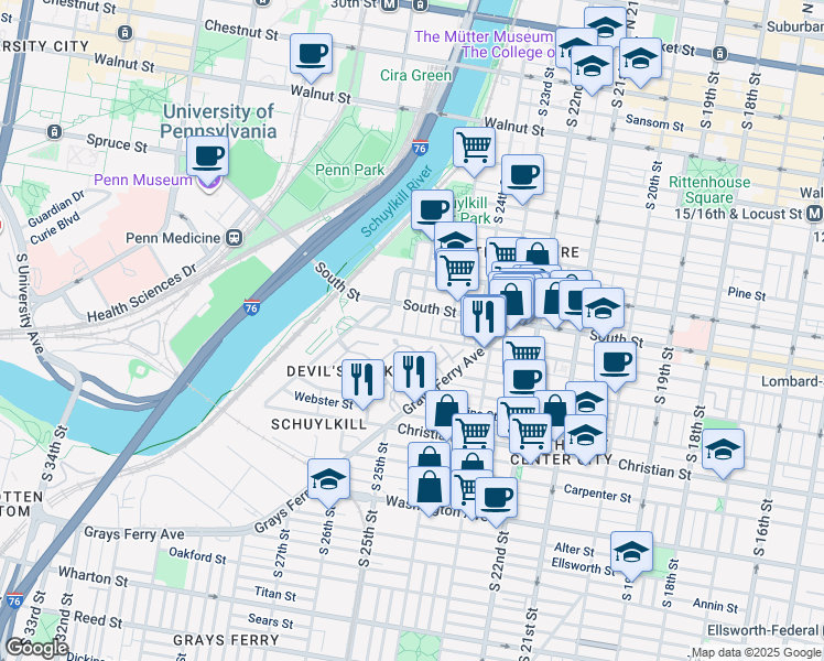 map of restaurants, bars, coffee shops, grocery stores, and more near 630 South 26th Street in Philadelphia