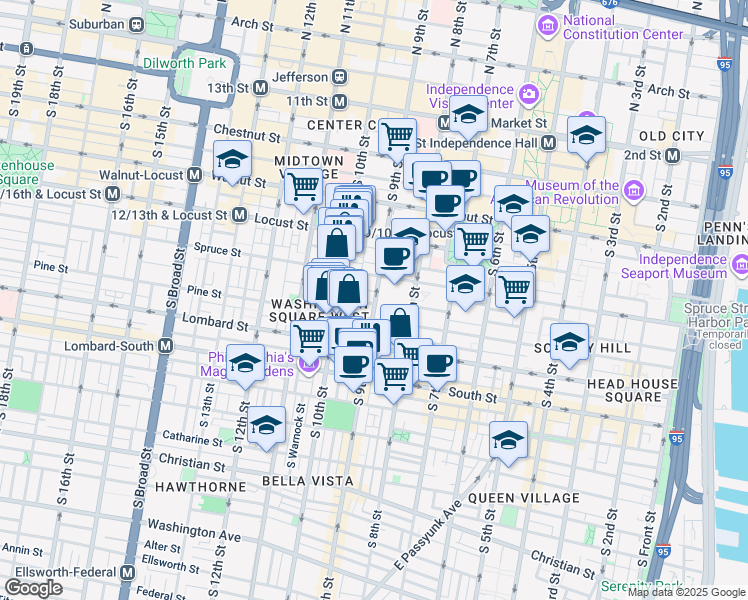 map of restaurants, bars, coffee shops, grocery stores, and more near 905 Clinton Street in Philadelphia