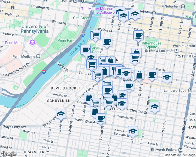 map of restaurants, bars, coffee shops, grocery stores, and more near 2235 Grays Ferry Avenue in Philadelphia