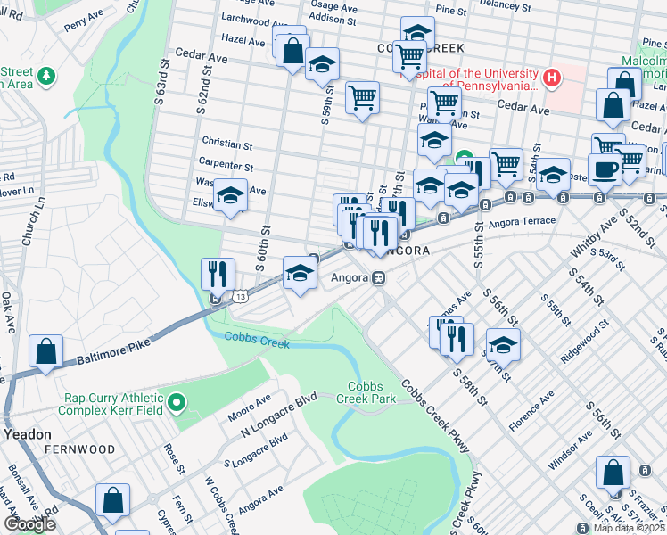 map of restaurants, bars, coffee shops, grocery stores, and more near 5825 Cedarhurst Street in Philadelphia