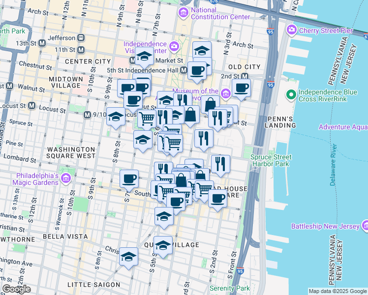 map of restaurants, bars, coffee shops, grocery stores, and more near 415 Spruce Street in Philadelphia