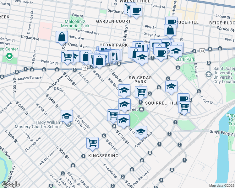 map of restaurants, bars, coffee shops, grocery stores, and more near 1023 South 50th Street in Philadelphia