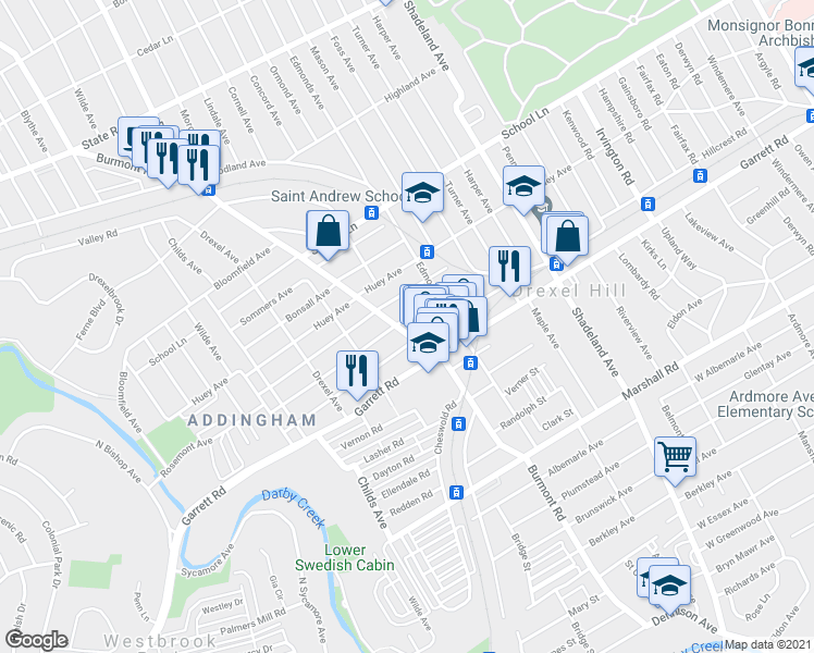map of restaurants, bars, coffee shops, grocery stores, and more near 433 Burmont Road in Drexel Hill