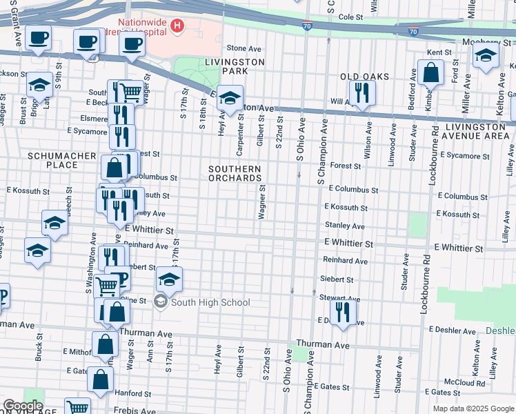 map of restaurants, bars, coffee shops, grocery stores, and more near 954 Gilbert Street in Columbus