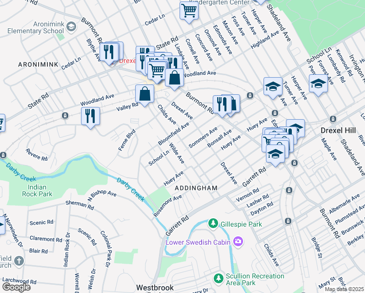 map of restaurants, bars, coffee shops, grocery stores, and more near 540 Childs Avenue in Drexel Hill