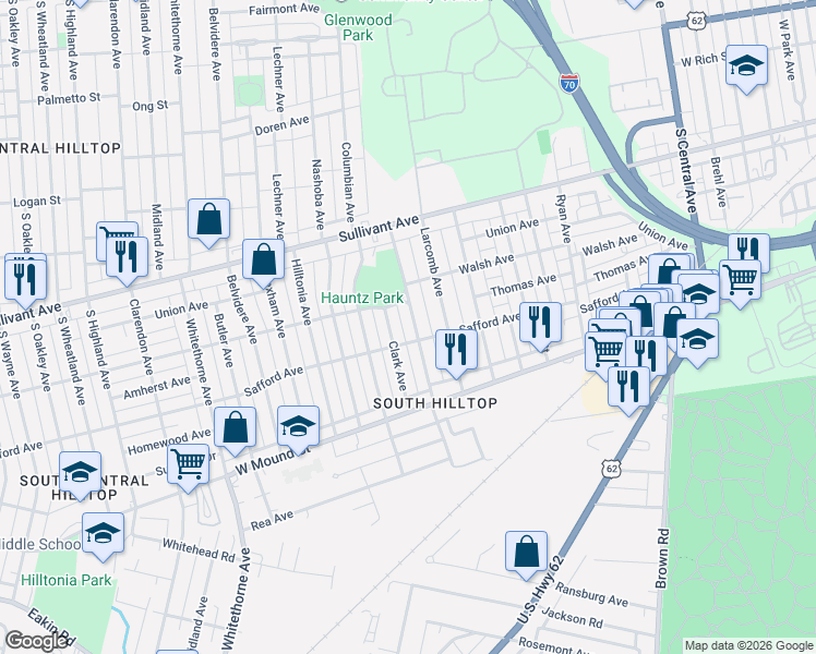 map of restaurants, bars, coffee shops, grocery stores, and more near 547 Woodbury Avenue in Columbus