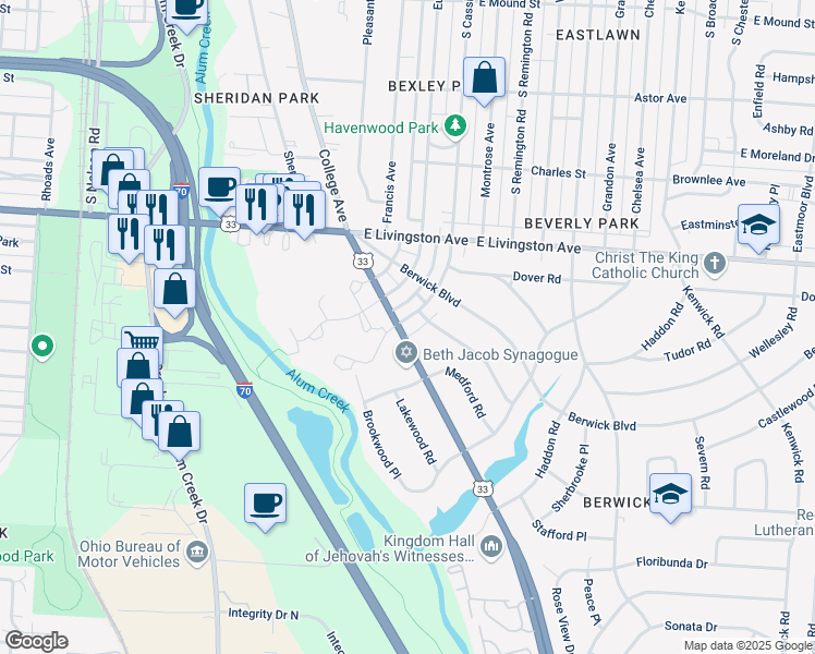 map of restaurants, bars, coffee shops, grocery stores, and more near 1156 South Cassingham Road in Columbus