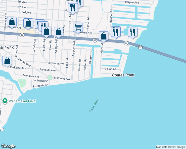 map of restaurants, bars, coffee shops, grocery stores, and more near 146 Waldron Road in Toms River