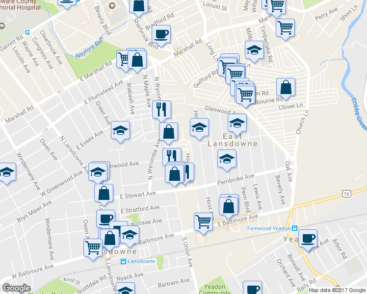 map of restaurants, bars, coffee shops, grocery stores, and more near 332 East Essex Avenue in Lansdowne