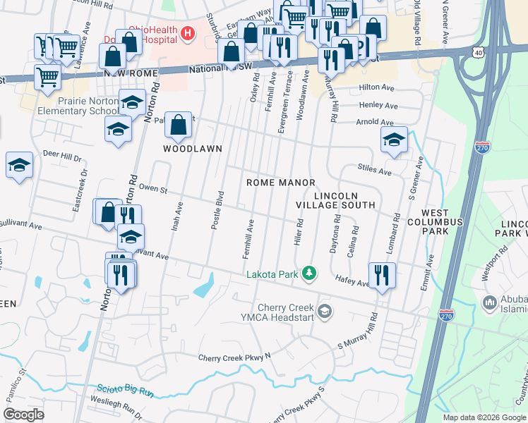 map of restaurants, bars, coffee shops, grocery stores, and more near 335 Evergreen Terrace in Columbus