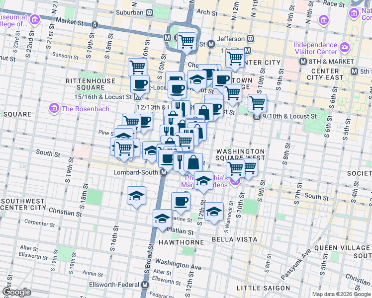 map of restaurants, bars, coffee shops, grocery stores, and more near 1316 Pine Street in Philadelphia