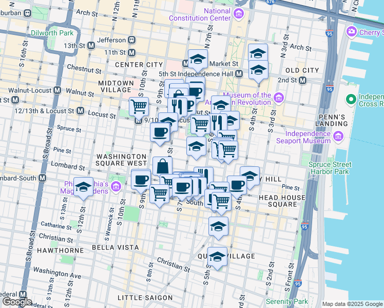map of restaurants, bars, coffee shops, grocery stores, and more near 636 Cypress Street in Philadelphia