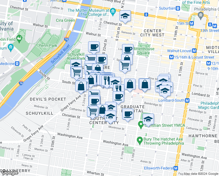 map of restaurants, bars, coffee shops, grocery stores, and more near 527 South 21st Street in Philadelphia