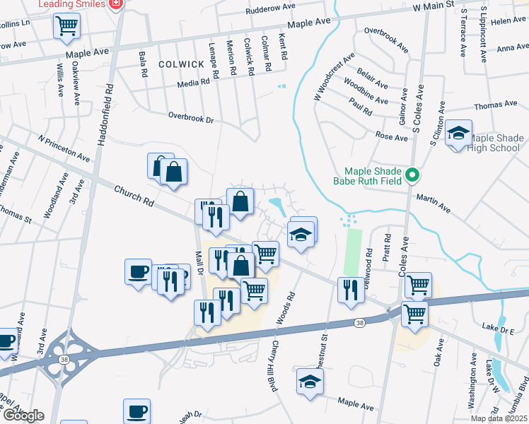map of restaurants, bars, coffee shops, grocery stores, and more near 4 Burroughs Mill Circle in Cherry Hill
