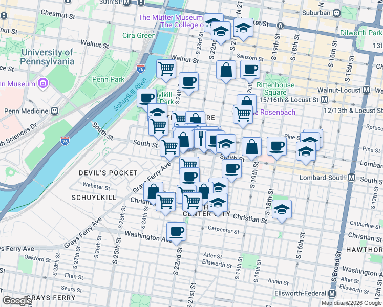map of restaurants, bars, coffee shops, grocery stores, and more near in Philadelphia