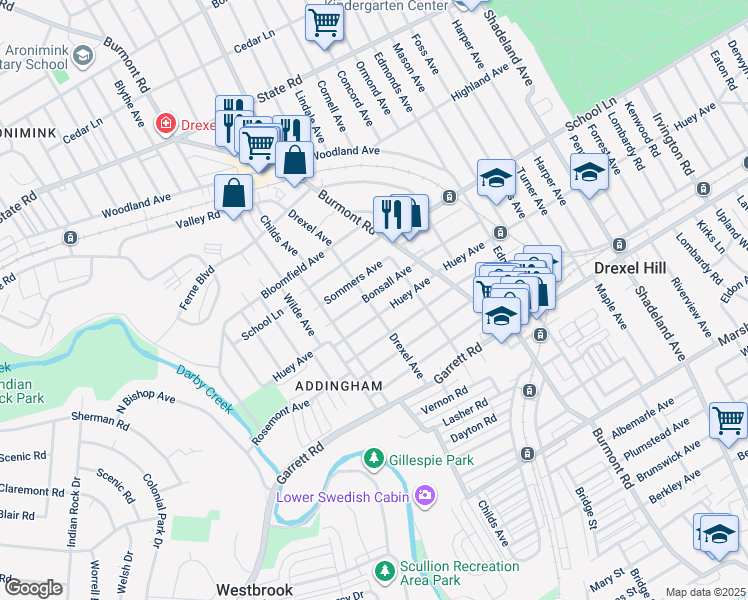 map of restaurants, bars, coffee shops, grocery stores, and more near 4034 Bonsall Avenue in Drexel Hill