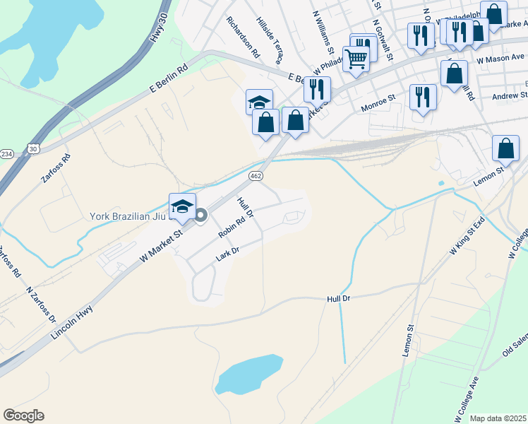map of restaurants, bars, coffee shops, grocery stores, and more near 2972 Robin Road in York