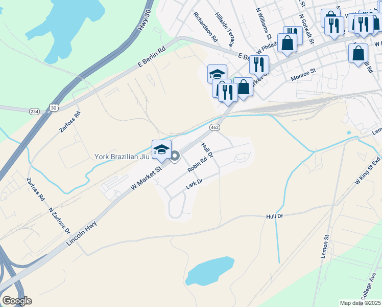 map of restaurants, bars, coffee shops, grocery stores, and more near 3060 West Market Street in York