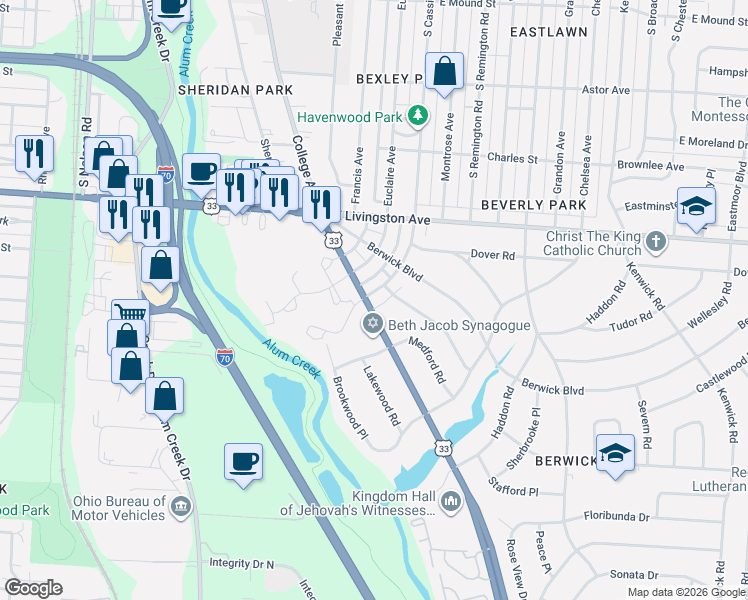 map of restaurants, bars, coffee shops, grocery stores, and more near 1156 South Cassingham Road in Columbus